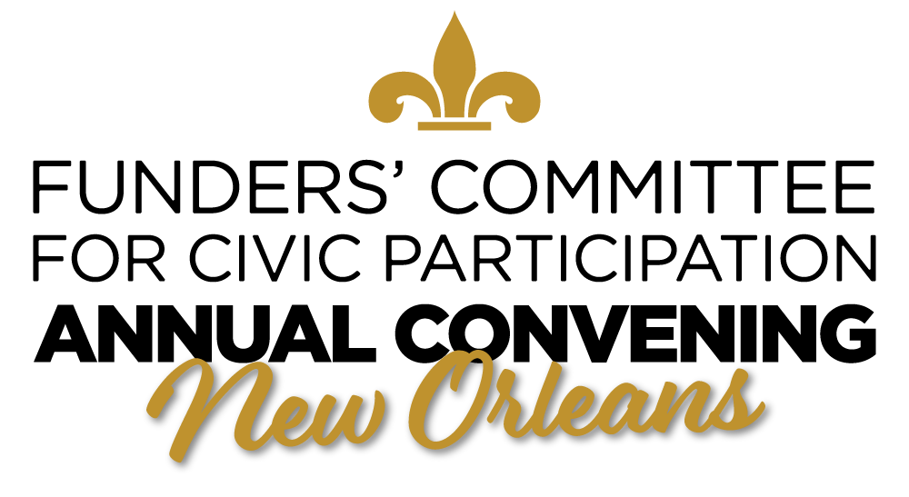 Funders' Committee for Civic Participation Annual Convening in black with Annual Convening bolded; gold script with shadow New Orleans below & fleur de lis above.