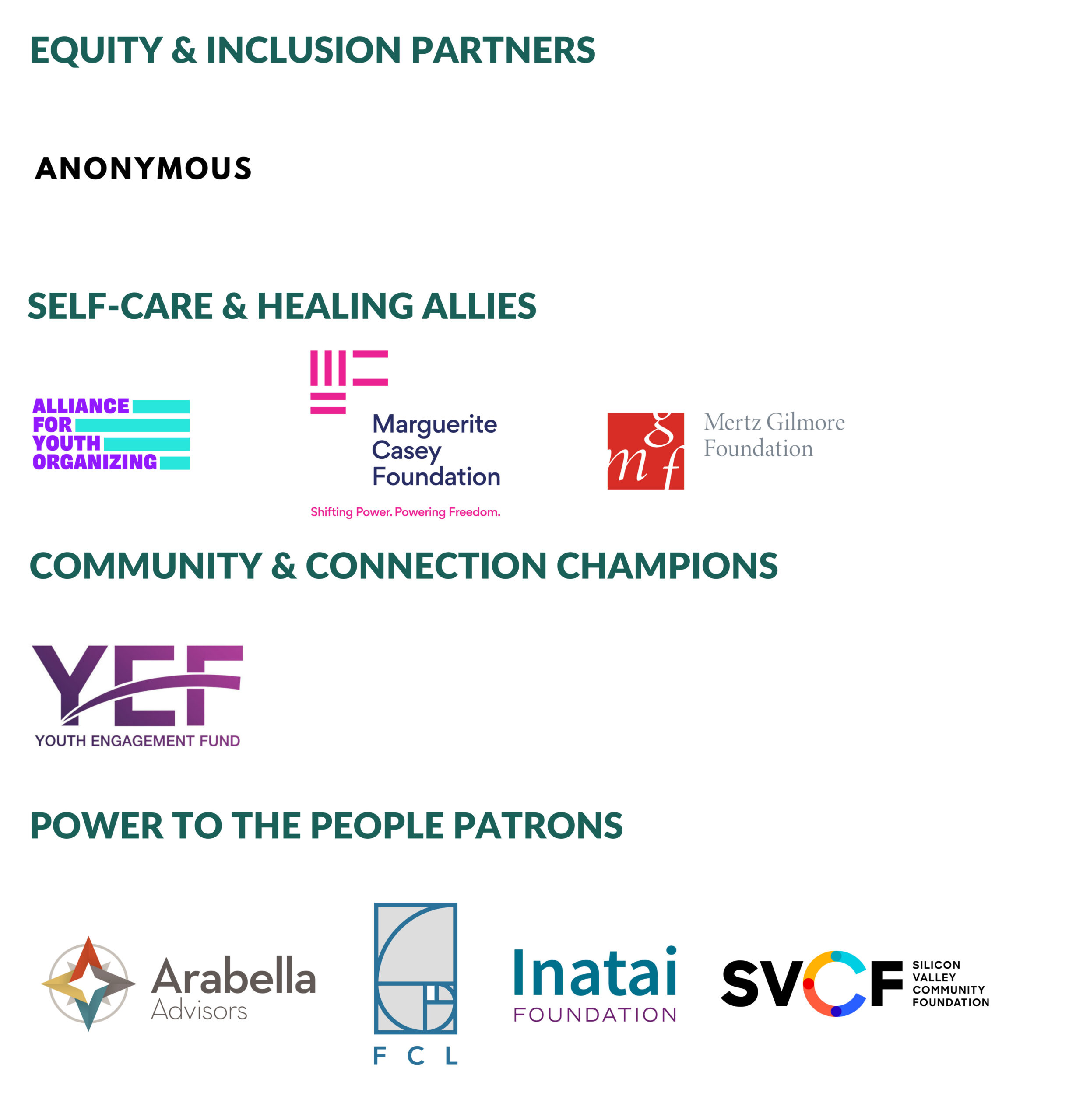 Equity & Inclusion Partners: Anonymous; Self-Care & Healing Allies: Alliance for Youth Organizing, Marguerite Casey Foundation, Mertz Gilmore Foundation. Community & Connection Champions: Youth Engagement Fund; Power to the People Patrons: Arabella Advisors, Foundation for Civic Leadership, Inatai Foundation, Silicon Valley Community Foundation